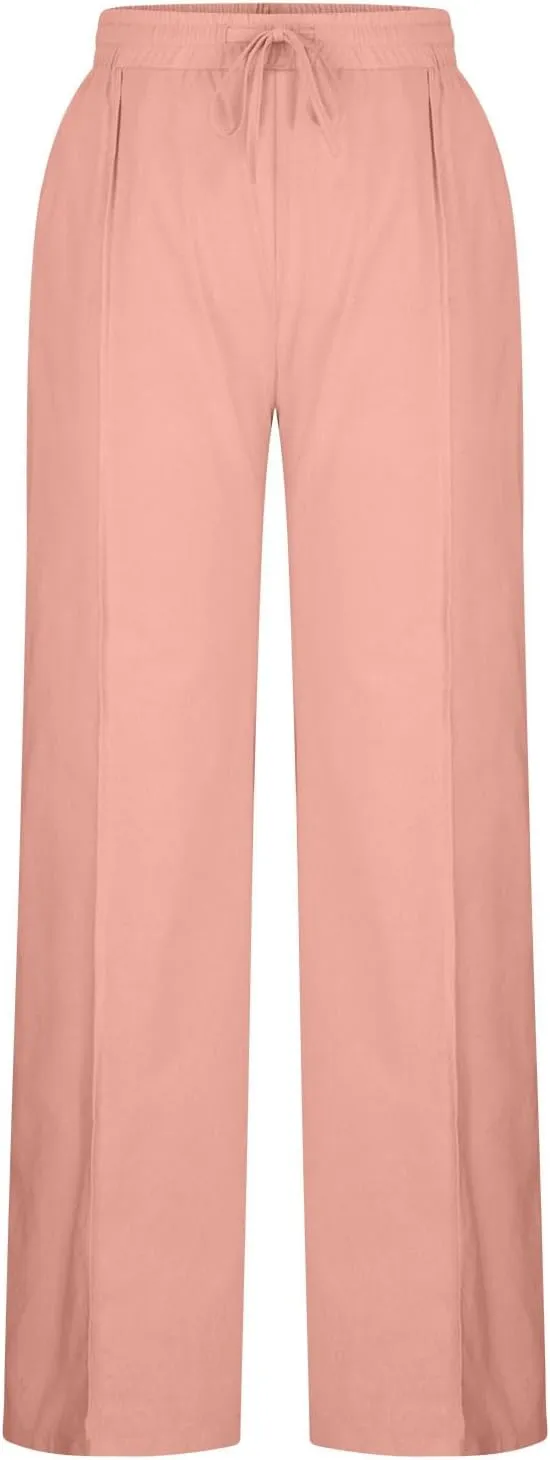 Women's Elastic Waist Solid Color Cotton Linen Pants Summer Loose Fit Casual Office Trousers with Pockets 2025