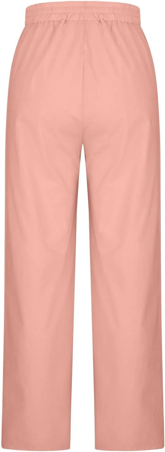 Women's Elastic Waist Solid Color Cotton Linen Pants Summer Loose Fit Casual Office Trousers with Pockets 2025