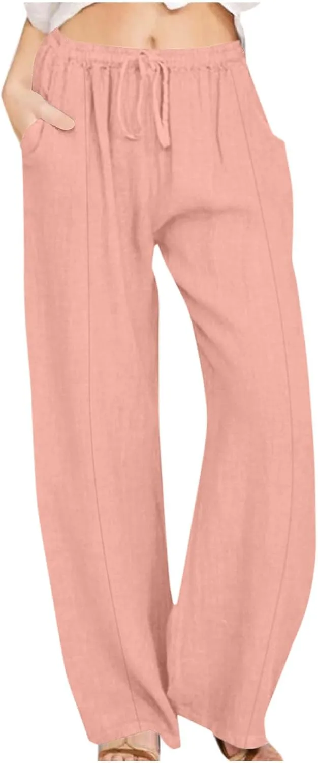 Women's Elastic Waist Solid Color Cotton Linen Pants Summer Loose Fit Casual Office Trousers with Pockets 2025