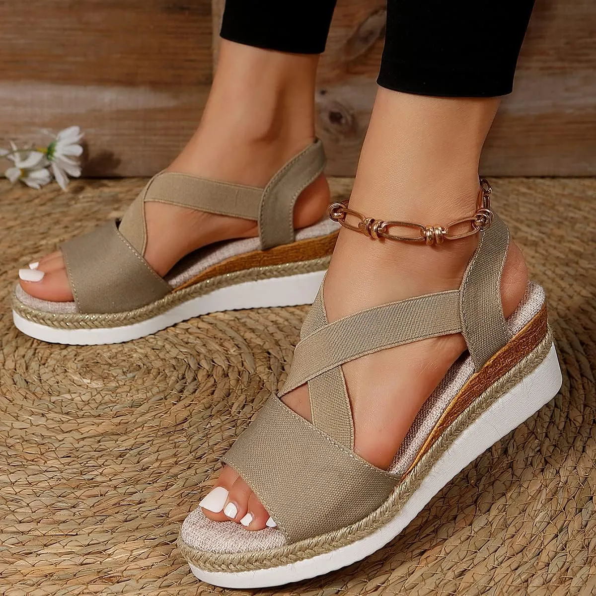 Womens Espadrilles Platform Wedge Sandals Dressy Open Toe Ankle Strap Flat Sandals Summer Casual Slip On Boho Comfortable Beach Outdoor Shoes