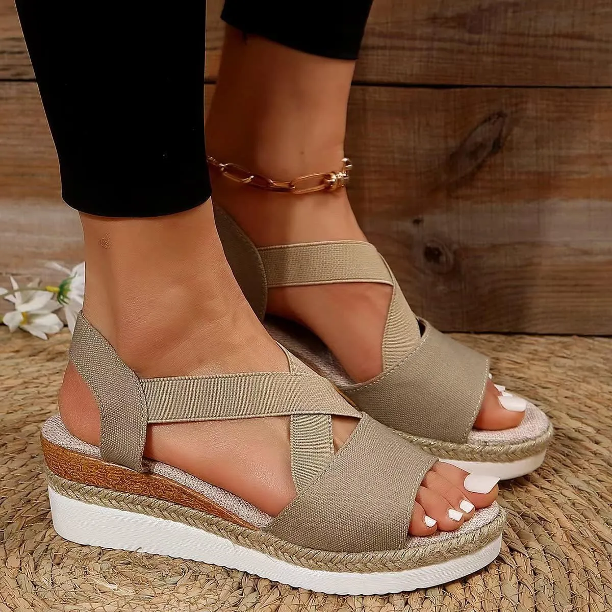 Womens Espadrilles Platform Wedge Sandals Dressy Open Toe Ankle Strap Flat Sandals Summer Casual Slip On Boho Comfortable Beach Outdoor Shoes