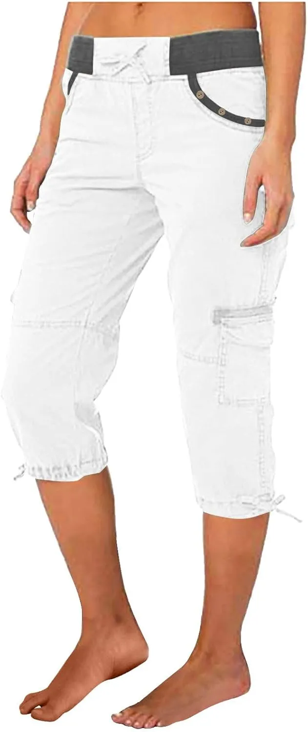 Women's Exercise Capri Pants Summer Athletic Yoga Trousers Stretch High Waisted with Side Pockets