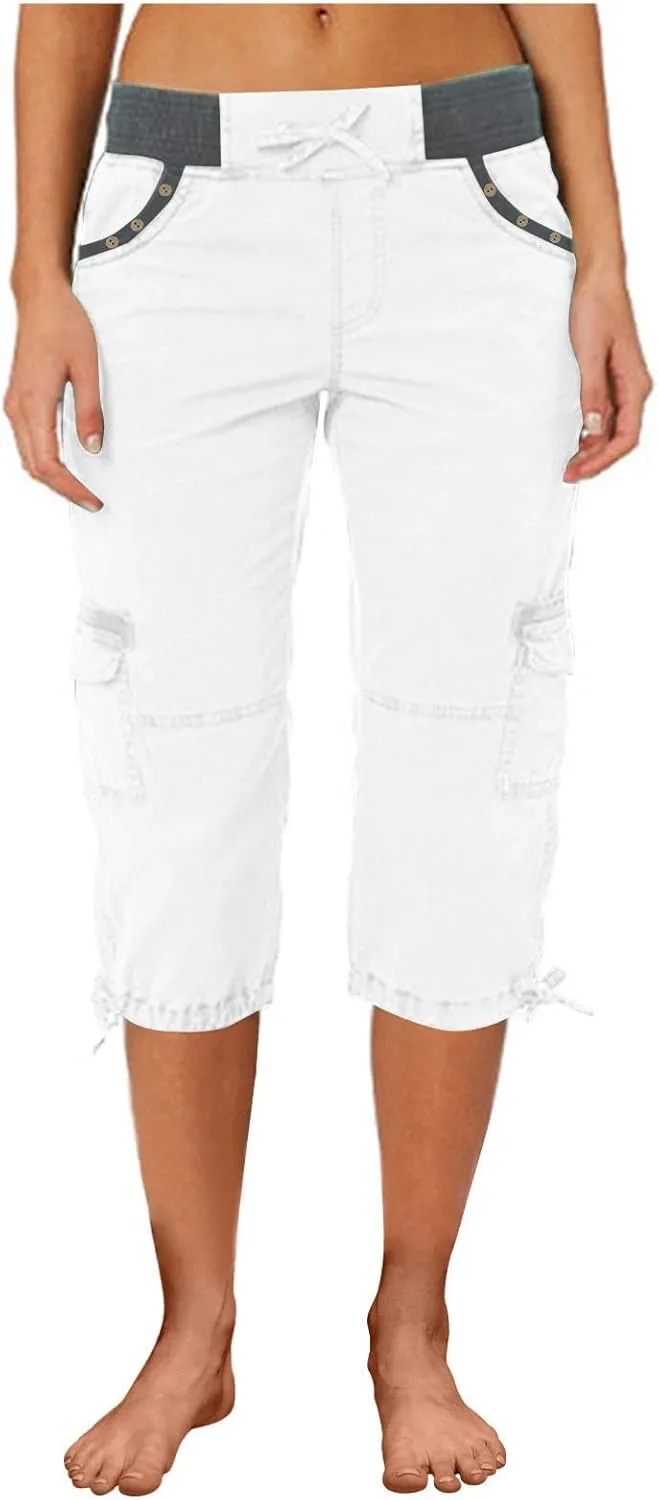 Women's Exercise Capri Pants Summer Athletic Yoga Trousers Stretch High Waisted with Side Pockets