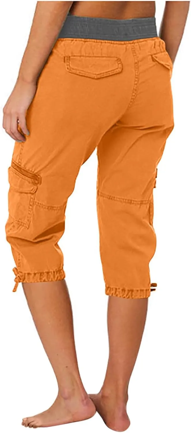 Women's Exercise Capri Pants Summer Athletic Yoga Trousers Stretch High Waisted with Side Pockets