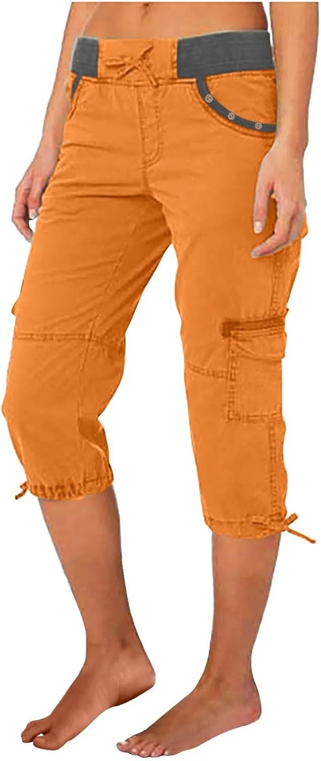 Women's Exercise Capri Pants Summer Athletic Yoga Trousers Stretch High Waisted with Side Pockets