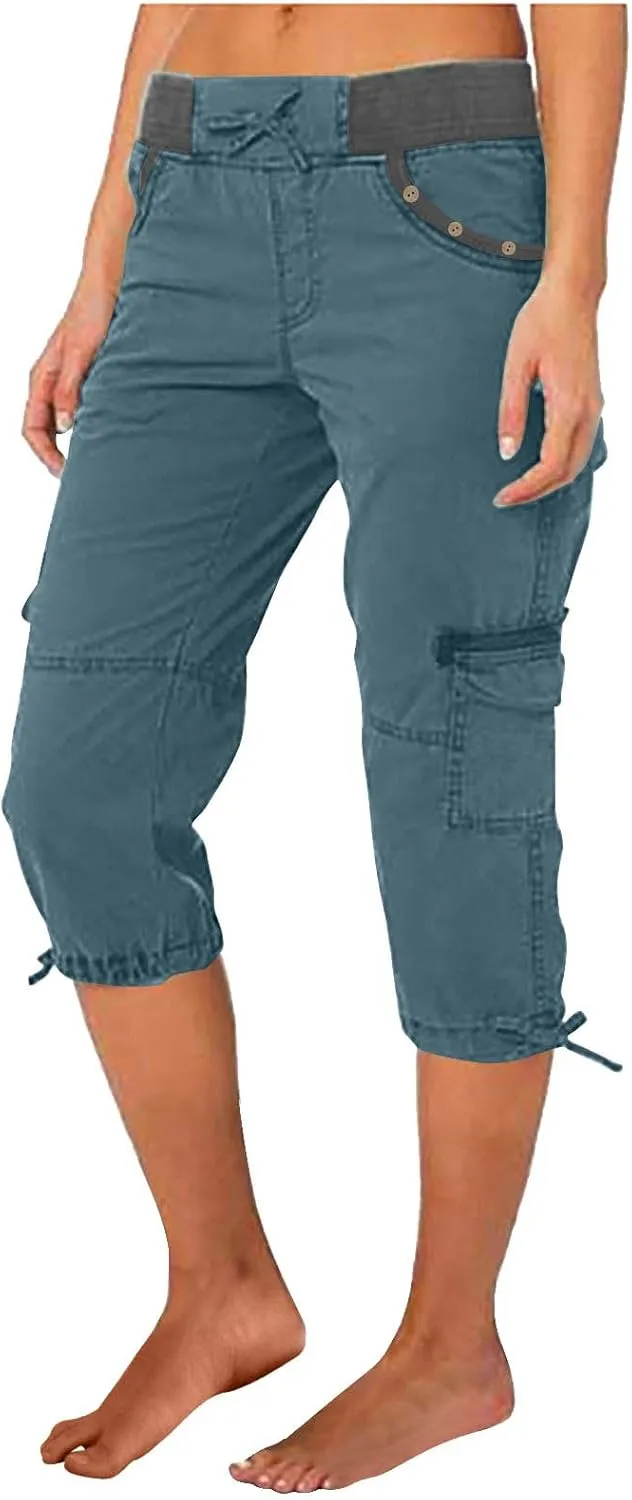 Women's Exercise Capri Pants Summer Athletic Yoga Trousers Stretch High Waisted with Side Pockets