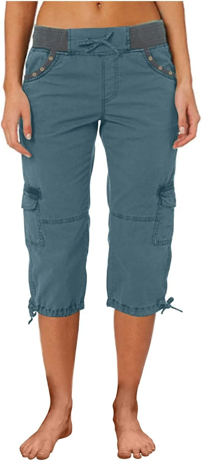 Women's Exercise Capri Pants Summer Athletic Yoga Trousers Stretch High Waisted with Side Pockets