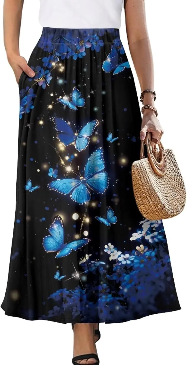Women's Flowy Maxi Skirt High Waist Leopard Skirts with Pockets Elegant Going Out Work Party A-Line Skirt Summer