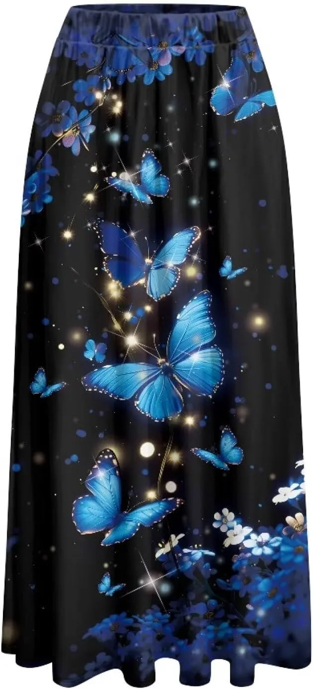 Women's Flowy Maxi Skirt High Waist Leopard Skirts with Pockets Elegant Going Out Work Party A-Line Skirt Summer