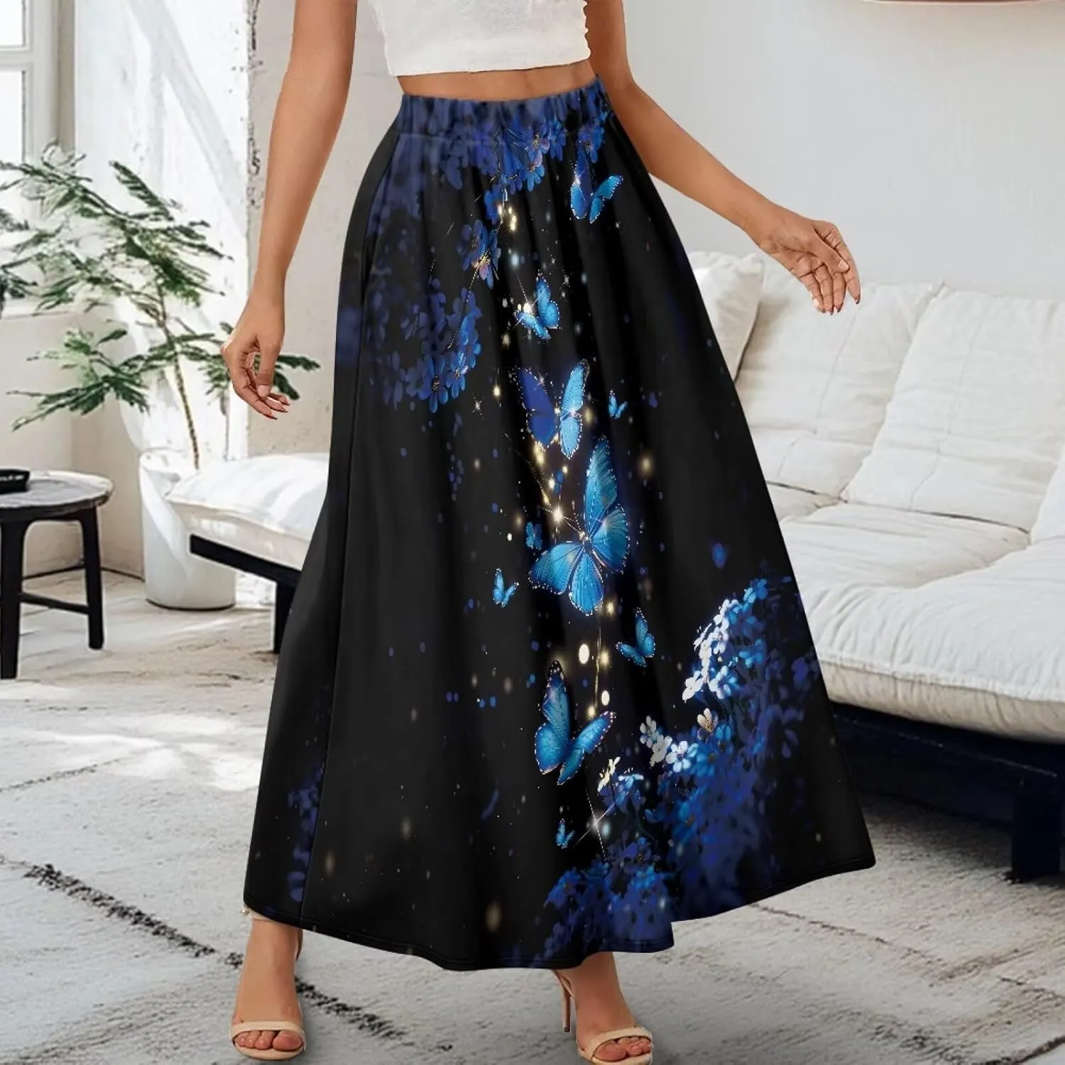 Women's Flowy Maxi Skirt High Waist Leopard Skirts with Pockets Elegant Going Out Work Party A-Line Skirt Summer