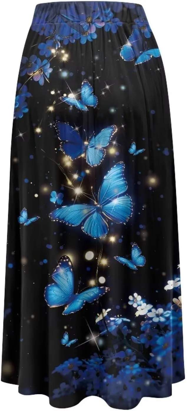 Women's Flowy Maxi Skirt High Waist Leopard Skirts with Pockets Elegant Going Out Work Party A-Line Skirt Summer