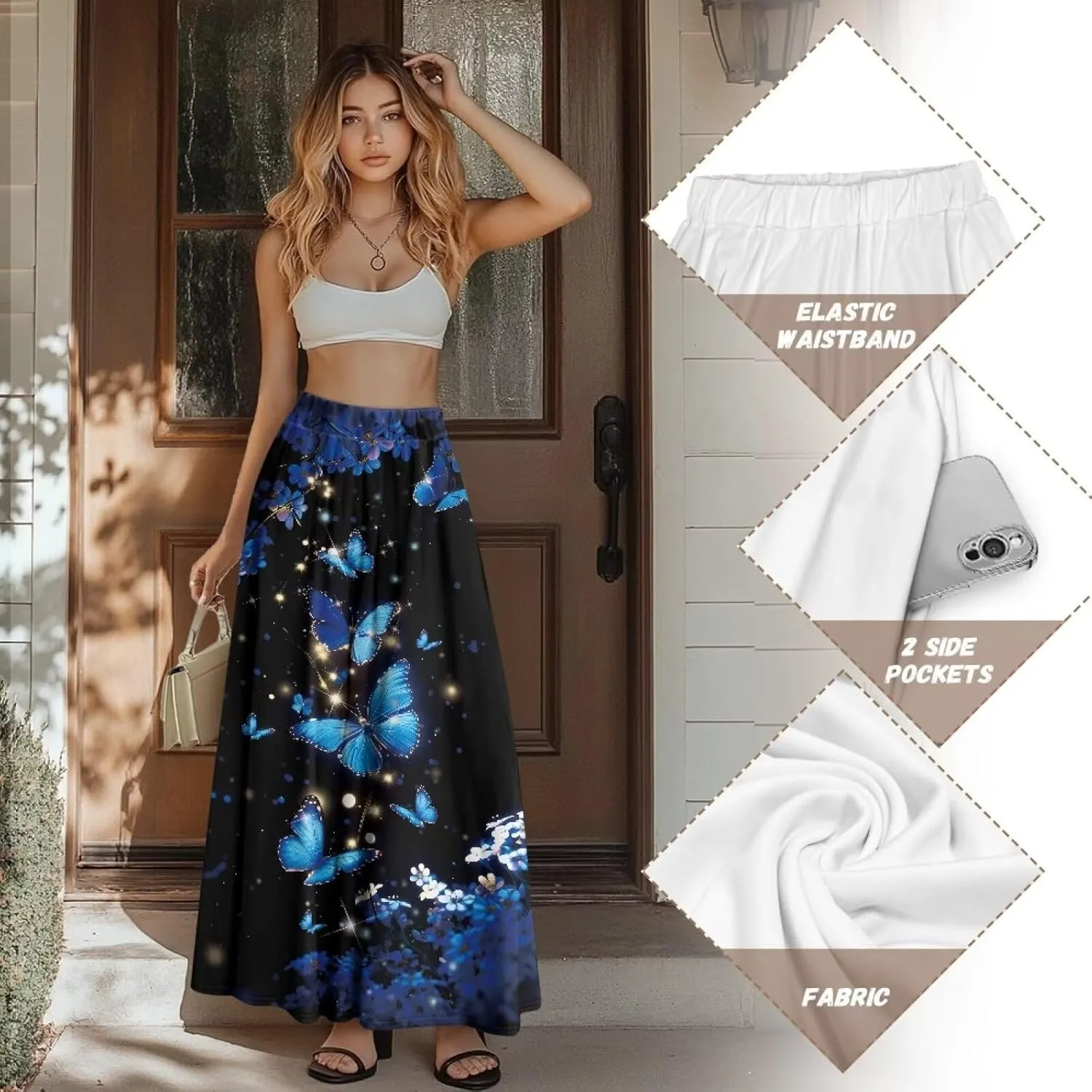 Women's Flowy Maxi Skirt High Waist Leopard Skirts with Pockets Elegant Going Out Work Party A-Line Skirt Summer