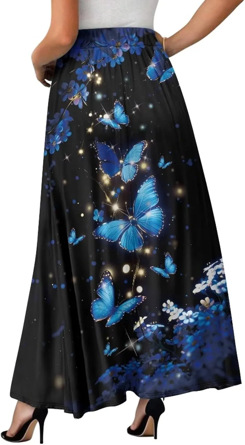 Women's Flowy Maxi Skirt High Waist Leopard Skirts with Pockets Elegant Going Out Work Party A-Line Skirt Summer