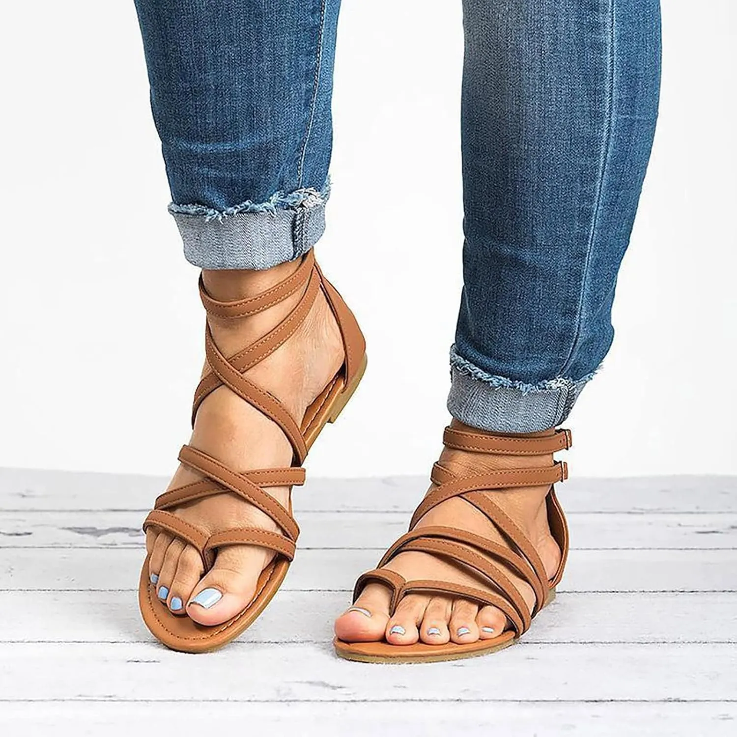 Women's Gladiator Summer Cross Strappy Sandals Comfort Casual Beach Fisherman Thong Sandals Flat Sandal Dressy Flat Trendy Roman Shoes Zipper Ankle Strap Vacation Leather Ladies Party