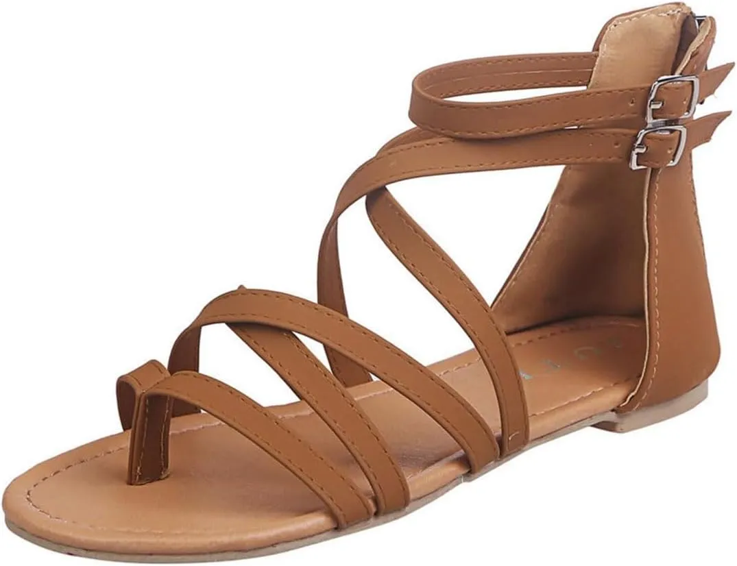 Women's Gladiator Summer Cross Strappy Sandals Comfort Casual Beach Fisherman Thong Sandals Flat Sandal Dressy Flat Trendy Roman Shoes Zipper Ankle Strap Vacation Leather Ladies Party