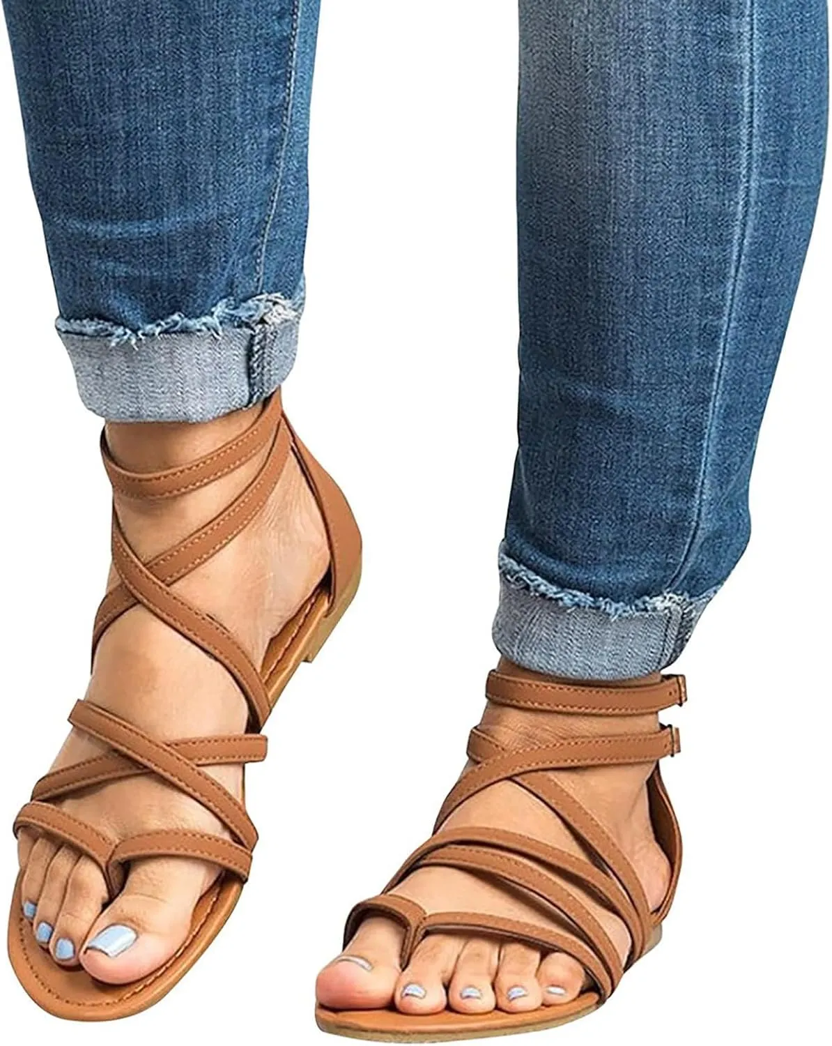 Women's Gladiator Summer Cross Strappy Sandals Comfort Casual Beach Fisherman Thong Sandals Flat Sandal Dressy Flat Trendy Roman Shoes Zipper Ankle Strap Vacation Leather Ladies Party