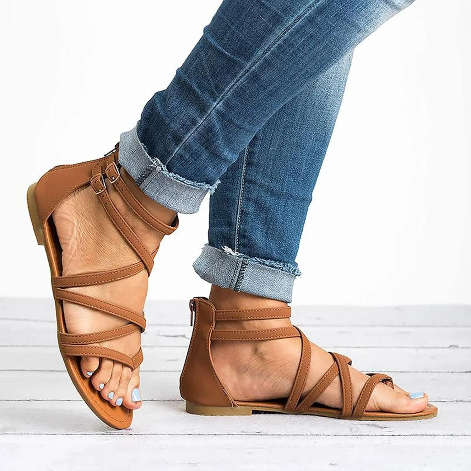Women's Gladiator Summer Cross Strappy Sandals Comfort Casual Beach Fisherman Thong Sandals Flat Sandal Dressy Flat Trendy Roman Shoes Zipper Ankle Strap Vacation Leather Ladies Party
