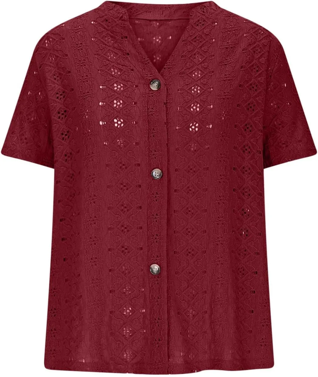 Womens Knitted Crochet Lightweight Summer Tops Short Sleeve Buttton Downs Shirts V Neck Blouse Tunic