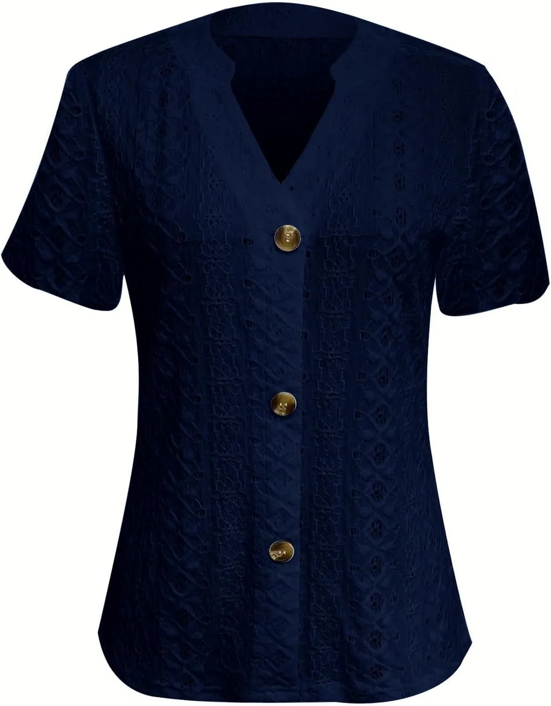 Womens Knitted Crochet Lightweight Summer Tops Short Sleeve Buttton Downs Shirts V Neck Blouse Tunic