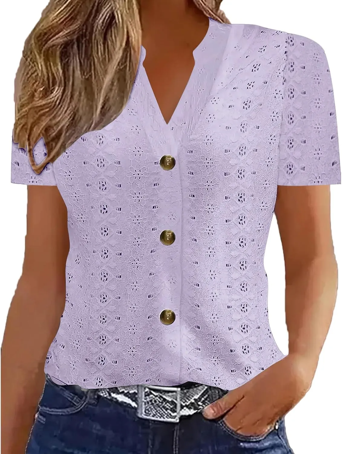 Womens Knitted Crochet Lightweight Summer Tops Short Sleeve Buttton Downs Shirts V Neck Blouse Tunic