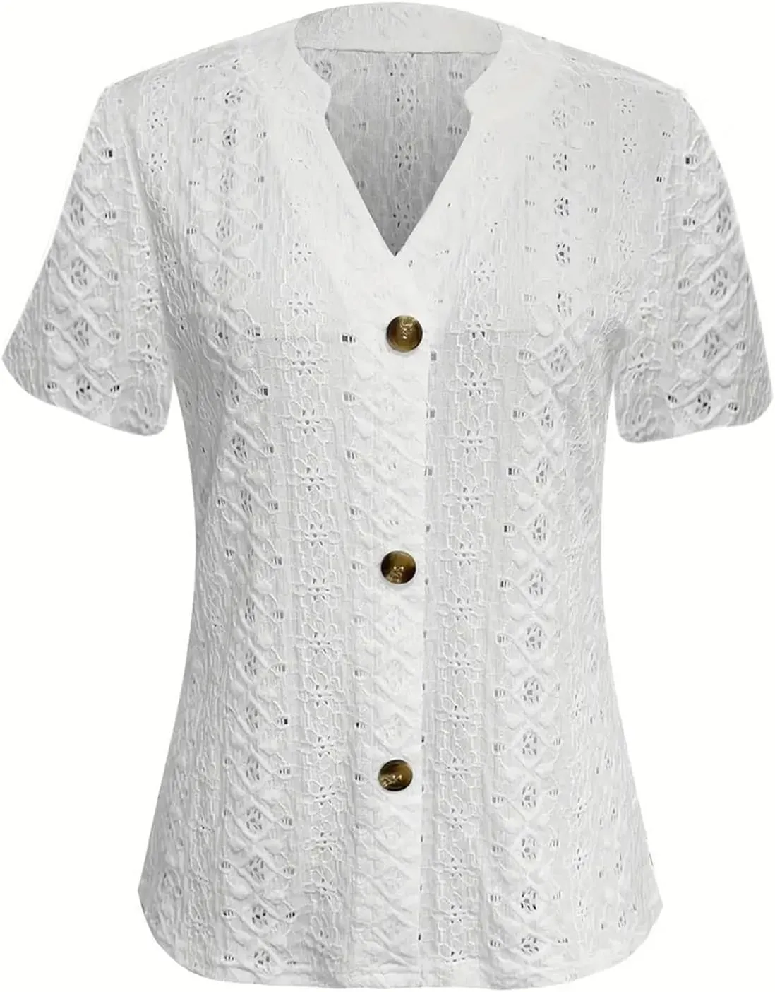 Womens Knitted Crochet Lightweight Summer Tops Short Sleeve Buttton Downs Shirts V Neck Blouse Tunic