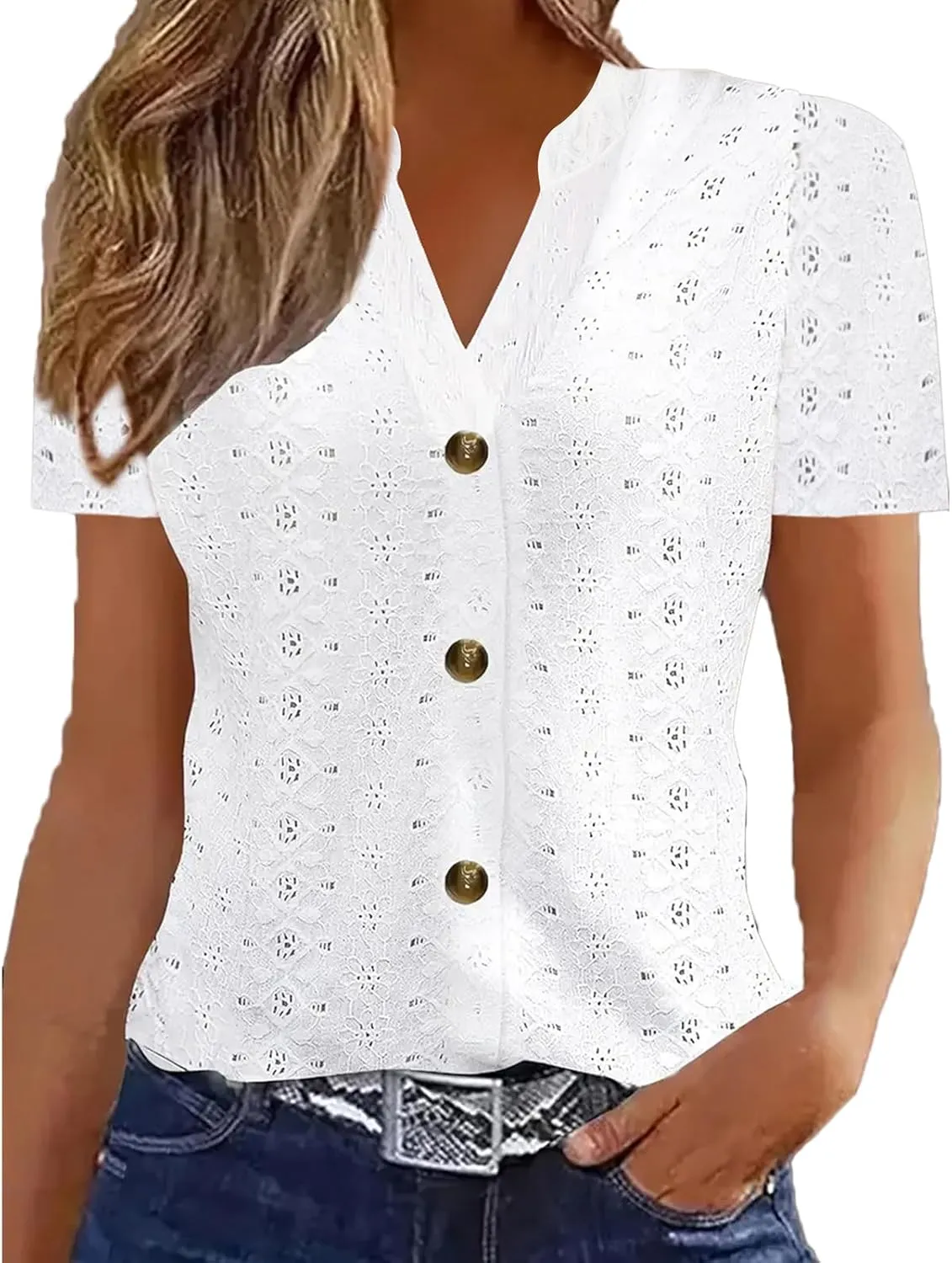 Womens Knitted Crochet Lightweight Summer Tops Short Sleeve Buttton Downs Shirts V Neck Blouse Tunic