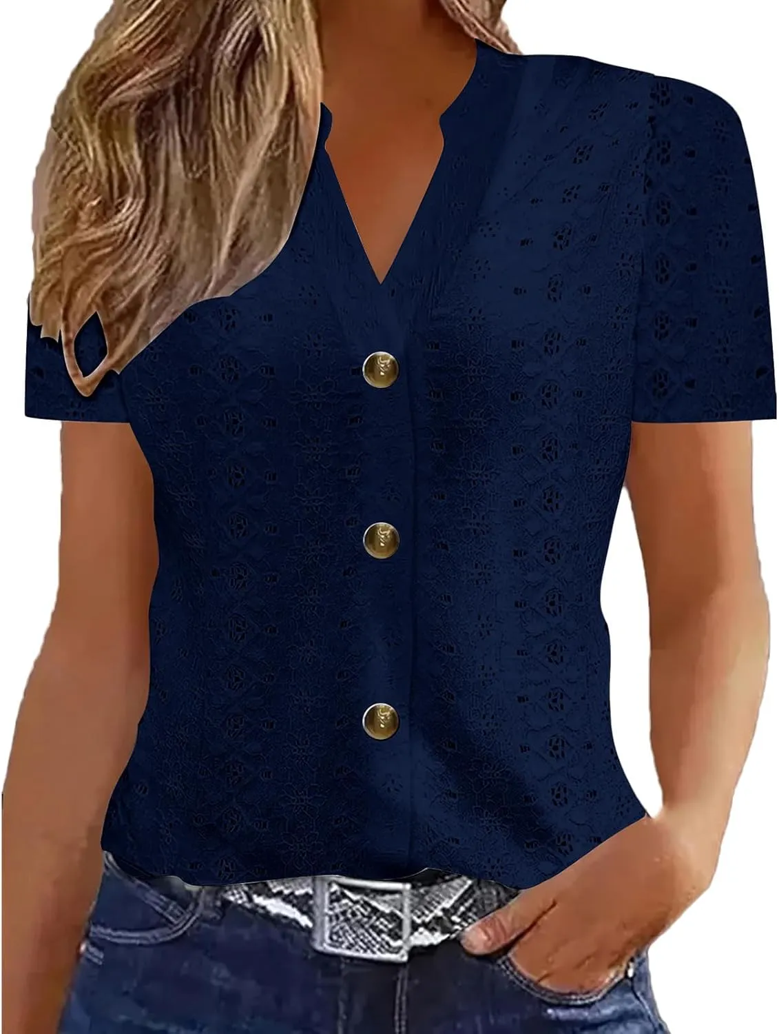Womens Knitted Crochet Lightweight Summer Tops Short Sleeve Buttton Downs Shirts V Neck Blouse Tunic