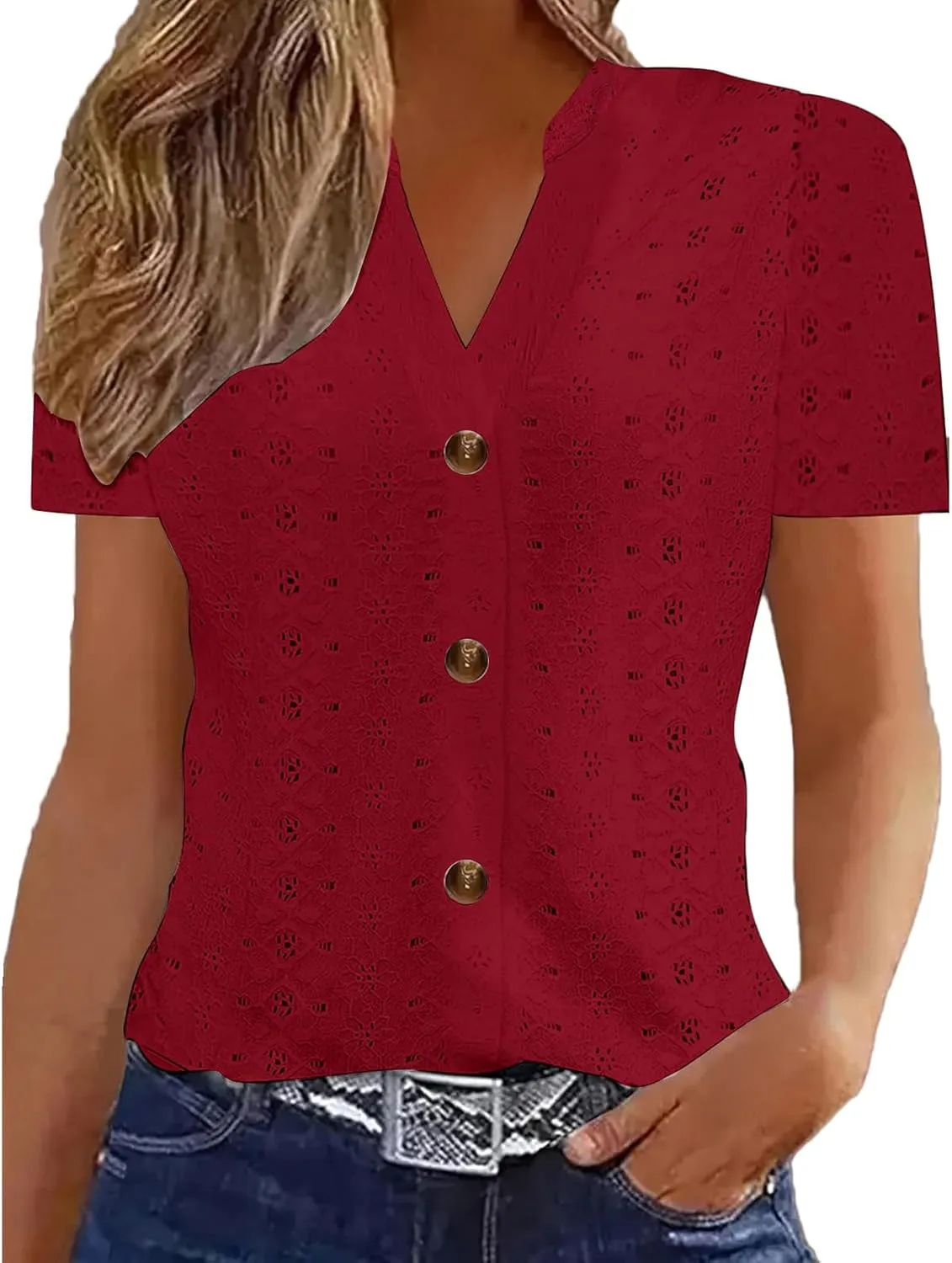 Womens Knitted Crochet Lightweight Summer Tops Short Sleeve Buttton Downs Shirts V Neck Blouse Tunic