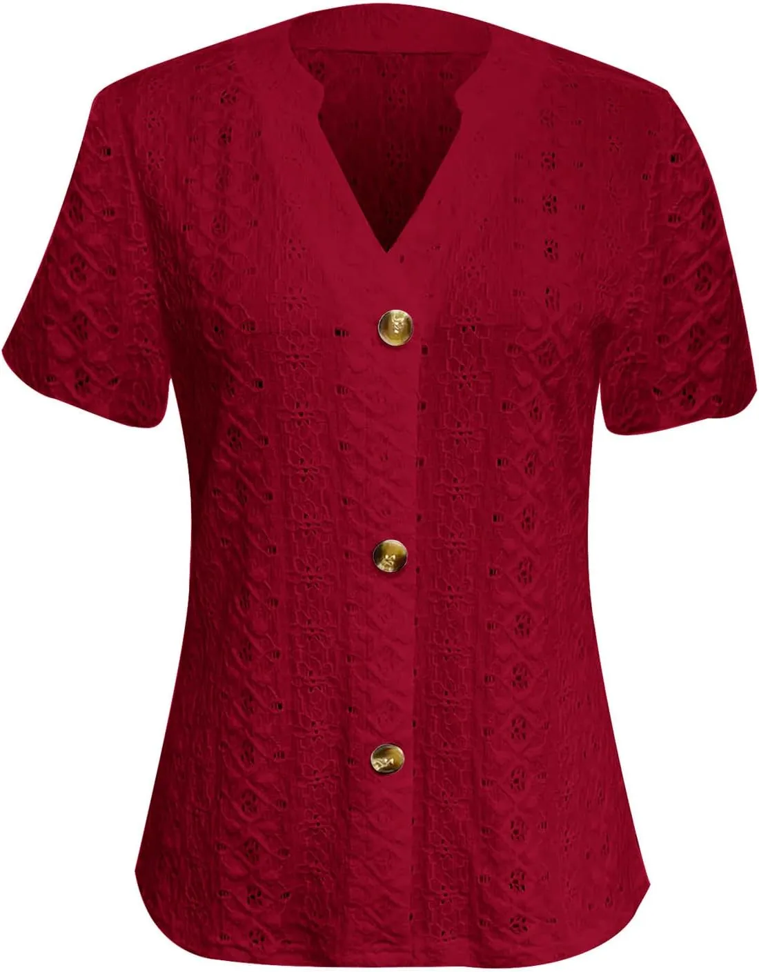 Womens Knitted Crochet Lightweight Summer Tops Short Sleeve Buttton Downs Shirts V Neck Blouse Tunic