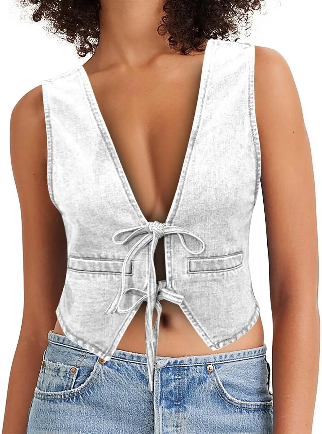 Women's Lace Up Tie Front Denim Vest Sleeveless Casual Gilet Jacket Deep V Neck Jean Waistcoat Y2k Crop Top