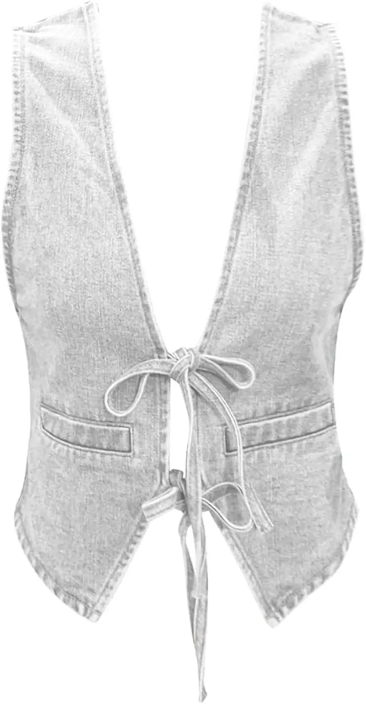Women's Lace Up Tie Front Denim Vest Sleeveless Casual Gilet Jacket Deep V Neck Jean Waistcoat Y2k Crop Top