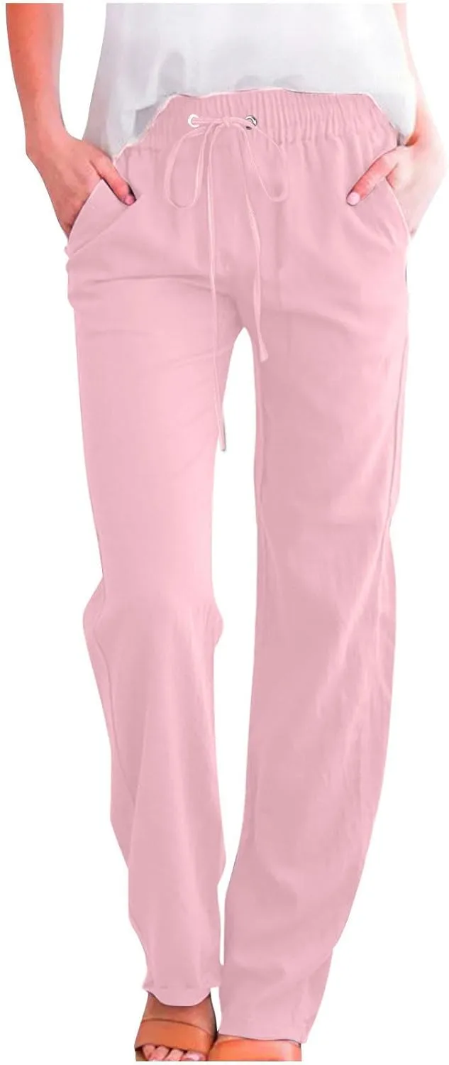 Women's Linen Pant Drawstrings Straight Leg High Waist Trousers Summer Casual Lightweight Breathable Long Pants