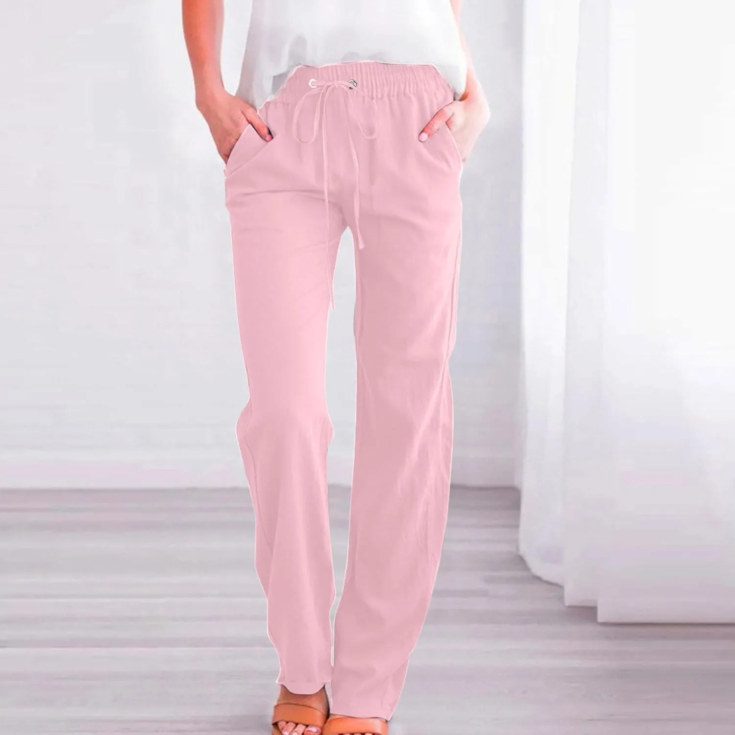 Women's Linen Pant Drawstrings Straight Leg High Waist Trousers Summer Casual Lightweight Breathable Long Pants