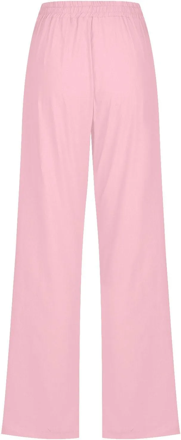 Women's Linen Pant Drawstrings Straight Leg High Waist Trousers Summer Casual Lightweight Breathable Long Pants