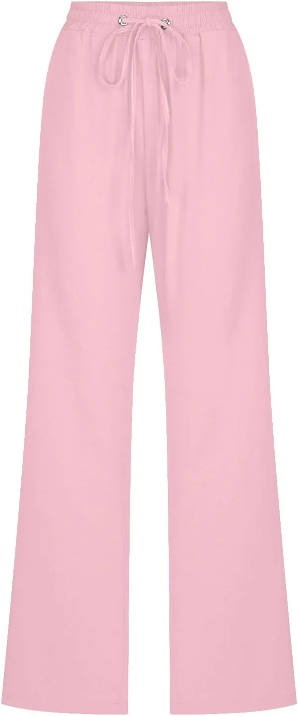 Women's Linen Pant Drawstrings Straight Leg High Waist Trousers Summer Casual Lightweight Breathable Long Pants