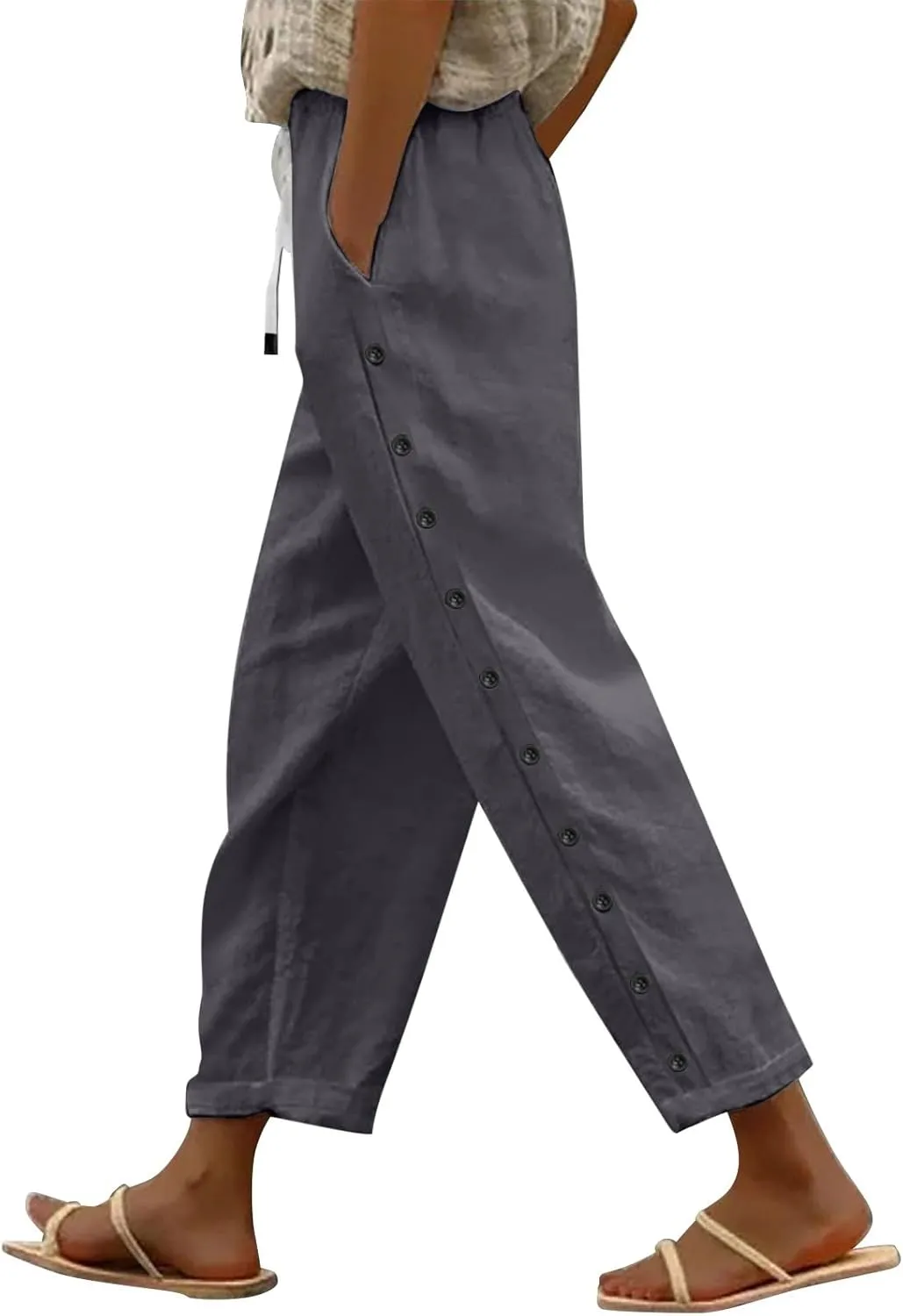 Womens Linen Pants Color Cotton Elastic Long Pants Beach Leisure Trousers Summer Vacation High Waist Wide Leg