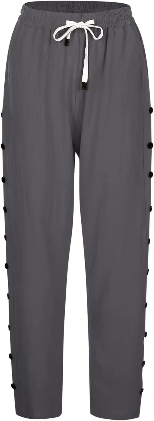 Womens Linen Pants Color Cotton Elastic Long Pants Beach Leisure Trousers Summer Vacation High Waist Wide Leg