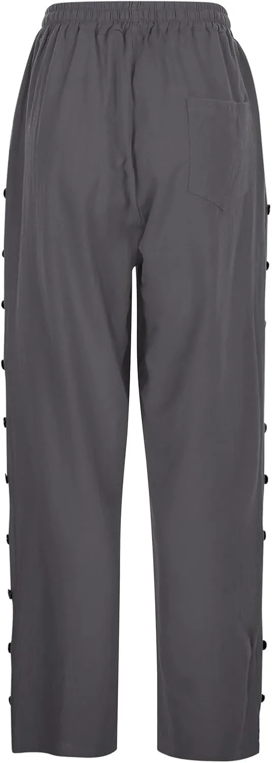 Womens Linen Pants Color Cotton Elastic Long Pants Beach Leisure Trousers Summer Vacation High Waist Wide Leg
