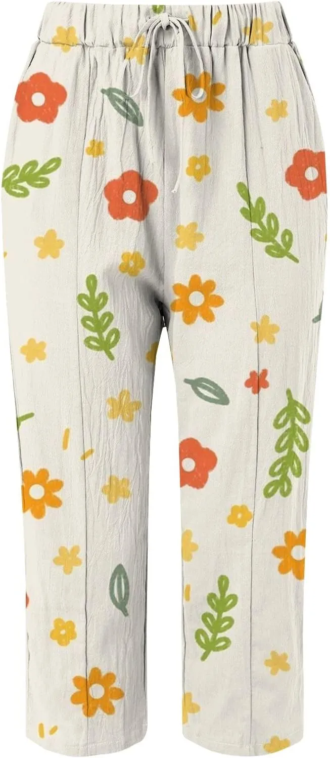 Women's Linen Pants Summer Casual Drawstring Pants Summer Vacation High Waist Wide Leg Trousers Womens White Linen