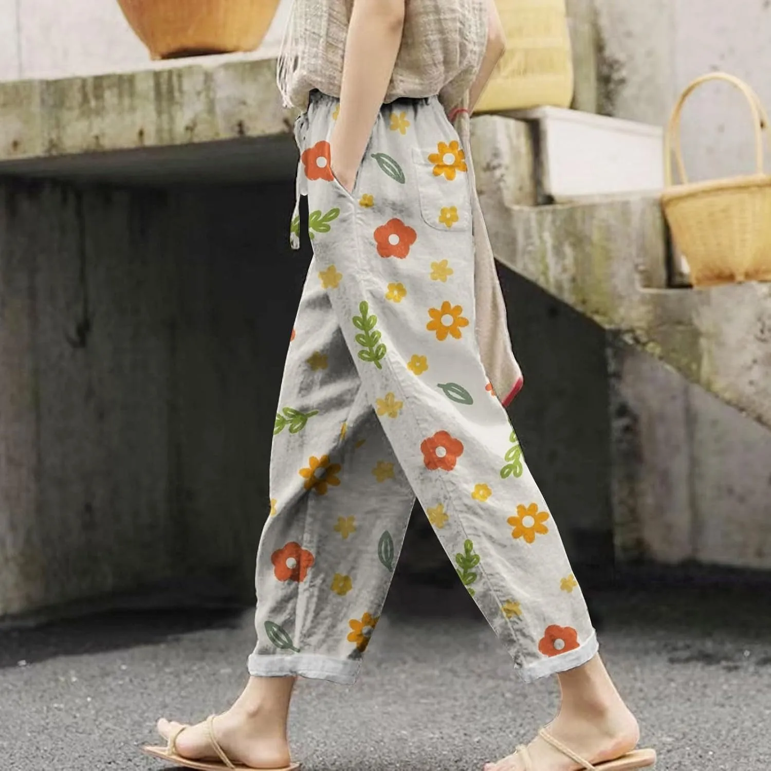 Women's Linen Pants Summer Casual Drawstring Pants Summer Vacation High Waist Wide Leg Trousers Womens White Linen