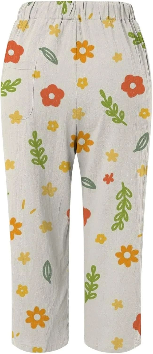 Women's Linen Pants Summer Casual Drawstring Pants Summer Vacation High Waist Wide Leg Trousers Womens White Linen