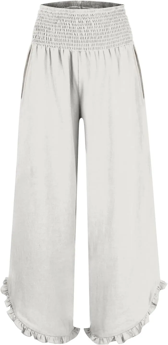 Womens Linen Pants with Pockets Casual High Waisted Pleated Irregular Cotton Linen Drawstring Elastic Waist Pants