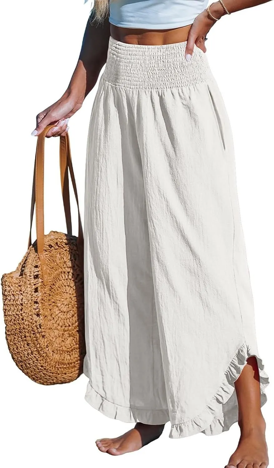 Womens Linen Pants with Pockets Casual High Waisted Pleated Irregular Cotton Linen Drawstring Elastic Waist Pants