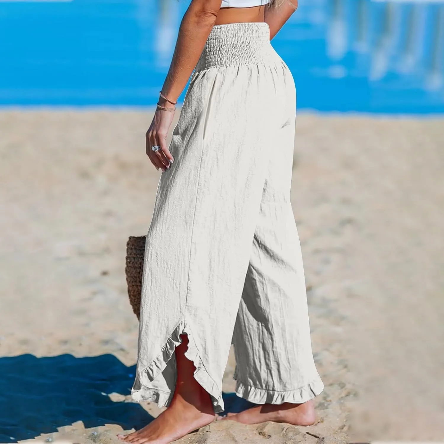 Womens Linen Pants with Pockets Casual High Waisted Pleated Irregular Cotton Linen Drawstring Elastic Waist Pants