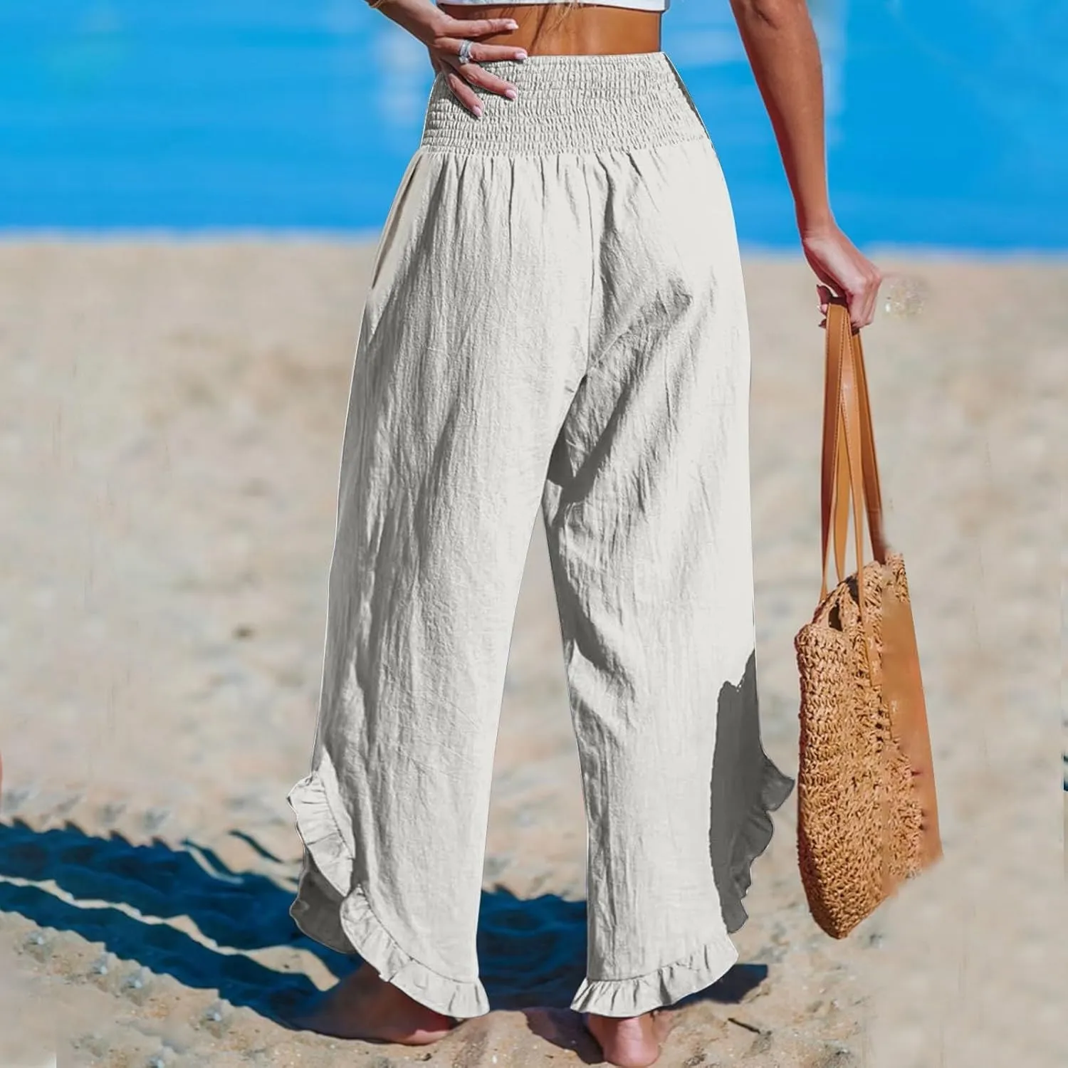 Womens Linen Pants with Pockets Casual High Waisted Pleated Irregular Cotton Linen Drawstring Elastic Waist Pants