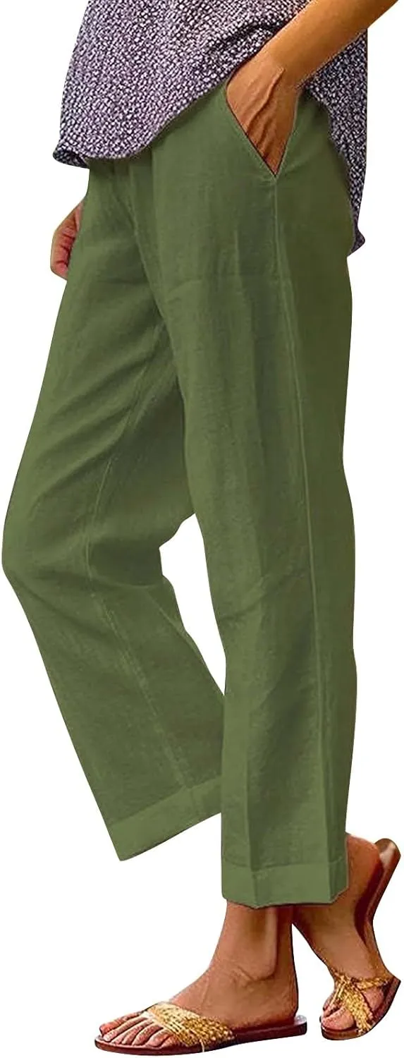 Women's Linen Summer Palazzo Pants Pants Long Drawstring Linen Women Waist Cotton Casual Pants Casual Wide Leg