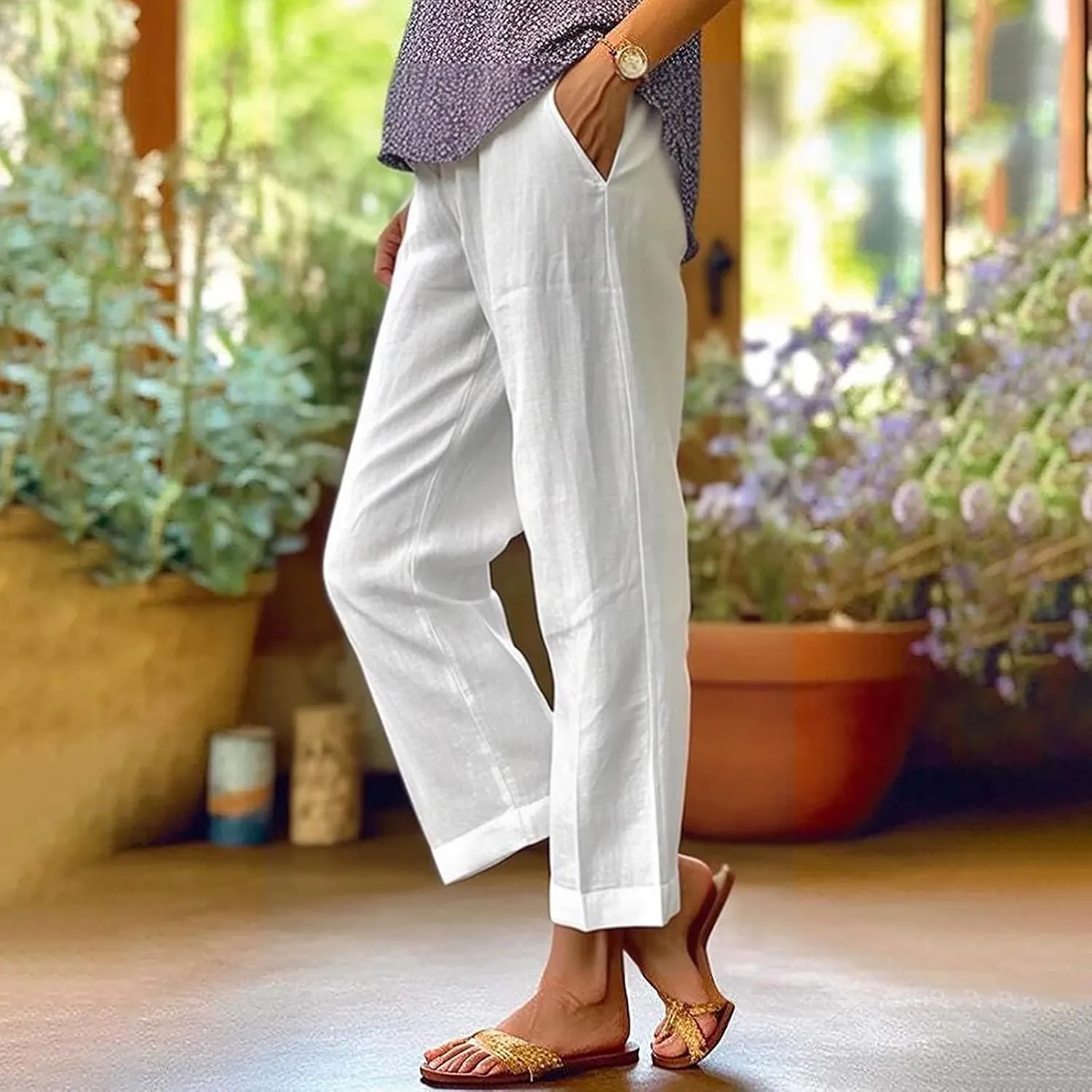 Women's Linen Summer Palazzo Pants Pants Long Drawstring Linen Women Waist Cotton Casual Pants Casual Wide Leg