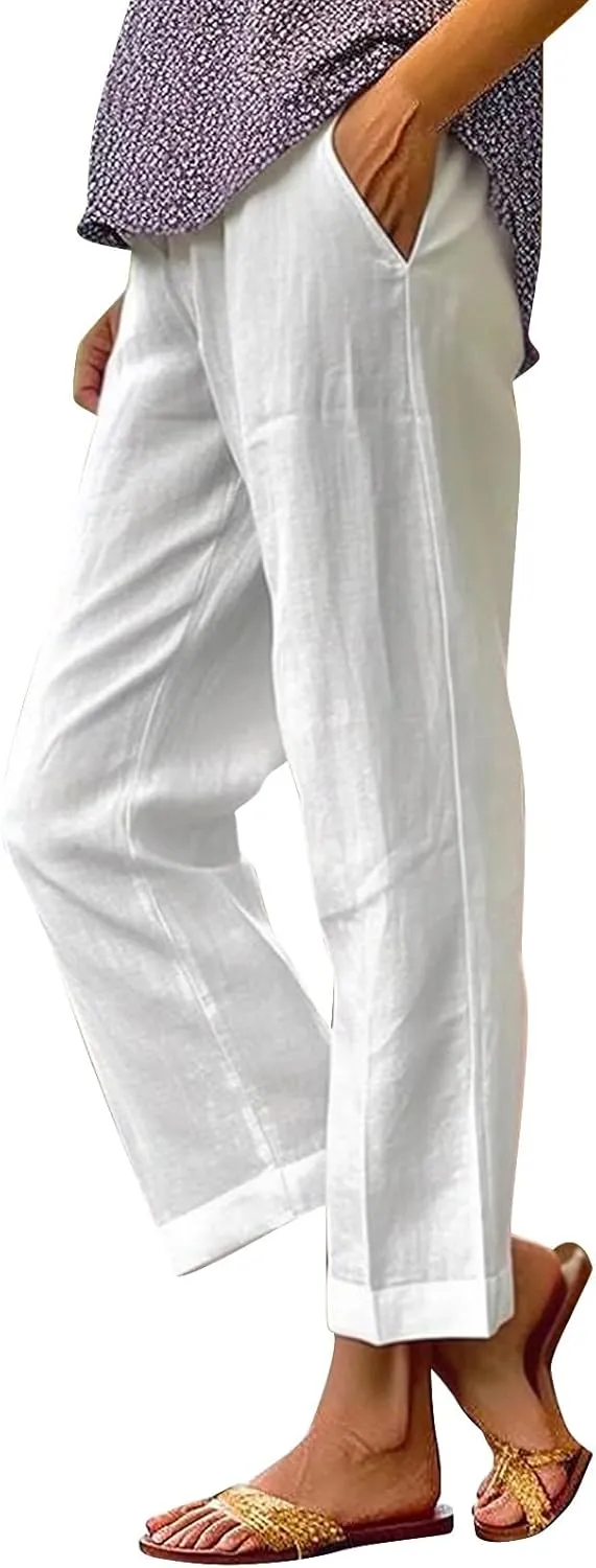 Women's Linen Summer Palazzo Pants Pants Long Drawstring Linen Women Waist Cotton Casual Pants Casual Wide Leg