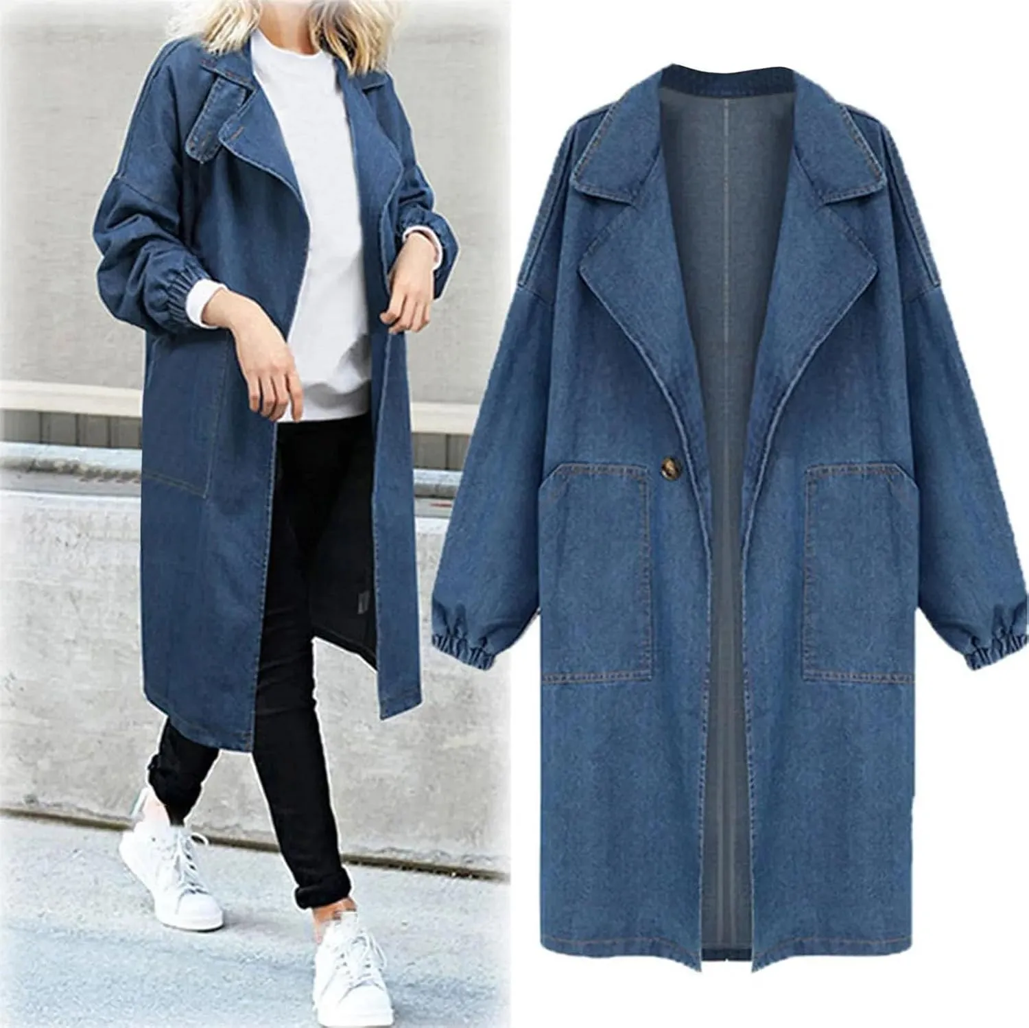 Women's Long Denim Trench Coat Belt Slim Fit Denim Blue Jacket