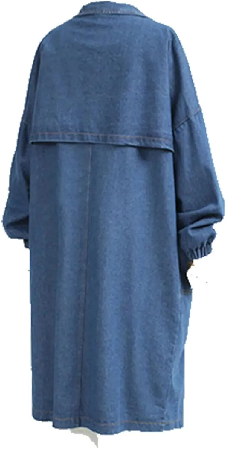 Women's Long Denim Trench Coat Belt Slim Fit Denim Blue Jacket